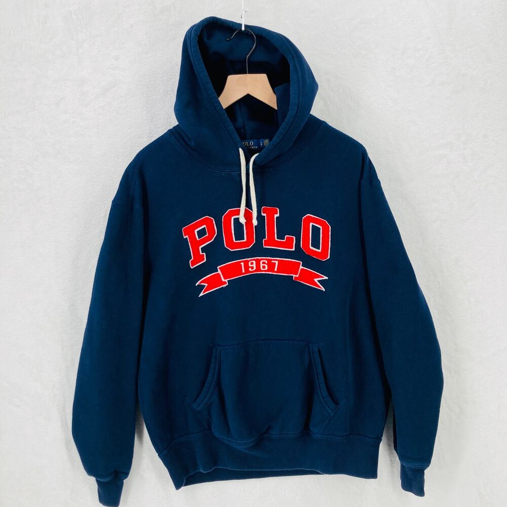 Polo Ralph Lauren Hoodie Sweatshirt Mens Large Blue Polo Felt Spell Out